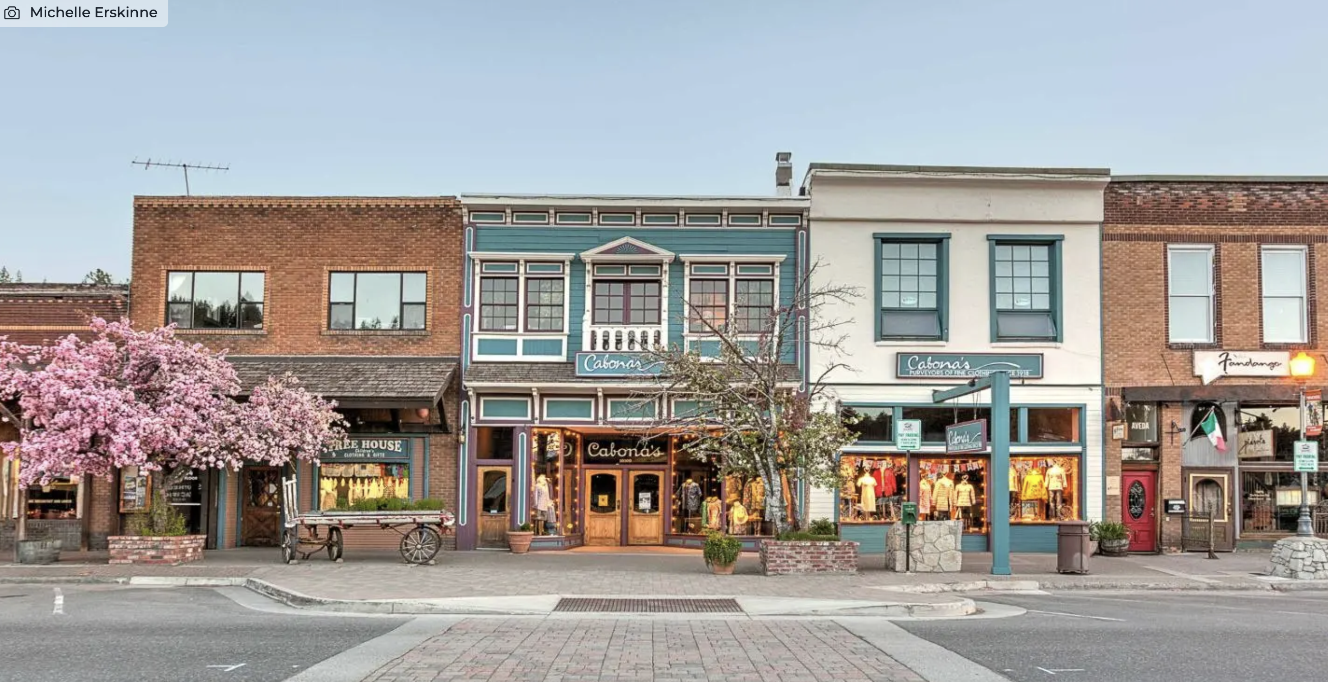 Historic downtown Truckee storefronts with cherry blossoms in spring