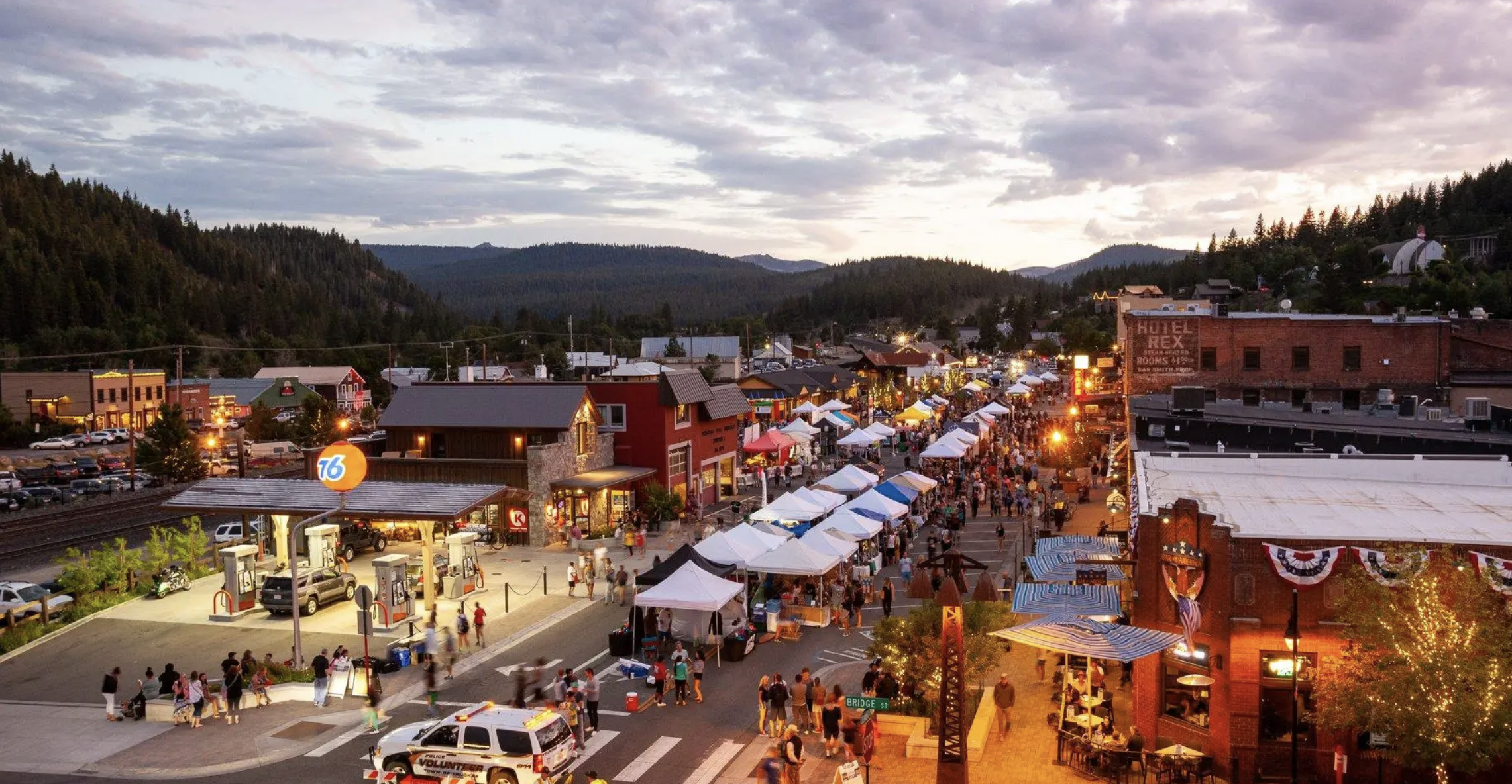 Truckee Thursdays street fair in historic downtown Truckee at dusk