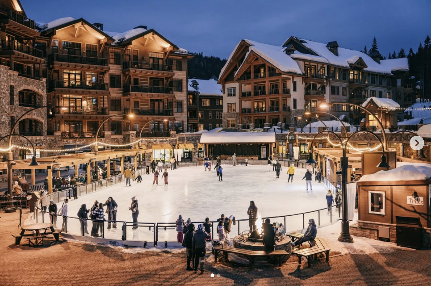 The Village at Northstar California Resort with outdoor ice rink and village lights